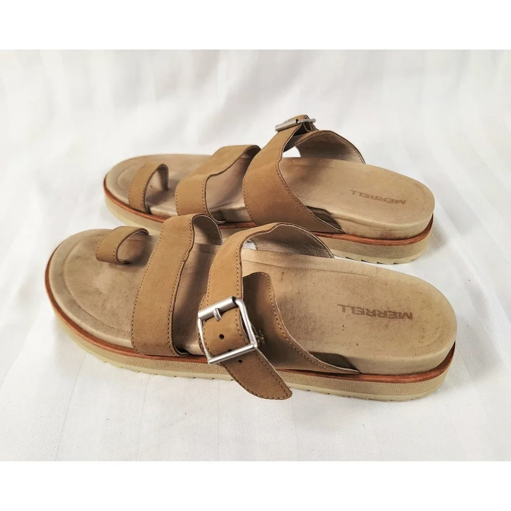 Merrell Juno Buckle‎ Slide Sandals Womens 9 Camel Leather Toe Loop Tan